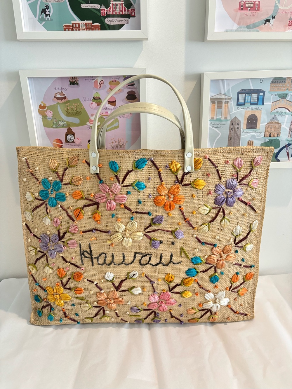 Vintage Embroidered Hawaii Straw Tote Bag raffia Multicolor Flowers beach bag